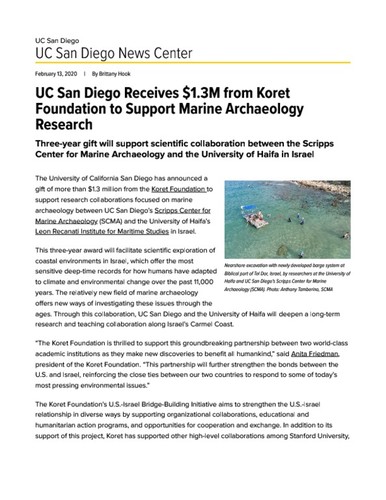 UC San Diego Receives $1.3M from Koret Foundation to Support Marine Archaeology Research