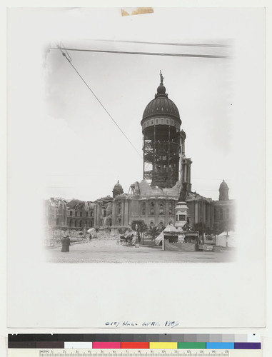 City Hall, April 1906. [Showing makeshift restaurants, souvenir stand, etc.]