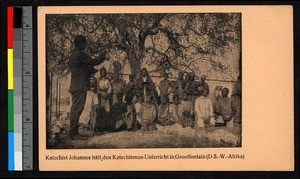 Catechist instructing others outdoors, Namibia, ca.1920-1940