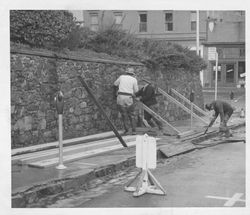 Shoring up the wall at Hill Plaza Park, Petaluma, California, February, 1958