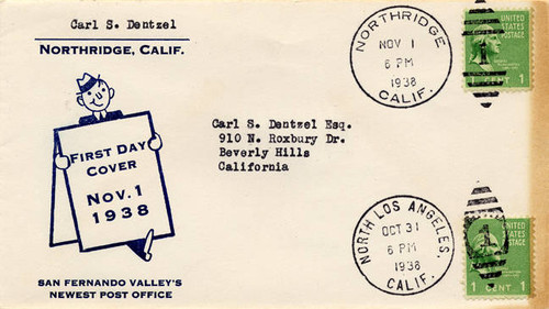 Envelope showing first day cover of new post office, "Northridge," 1938