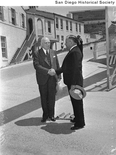 Governor Frank Merriam shaking hands with Governor Rodolfo Sanchez Taboada in San Ysidro