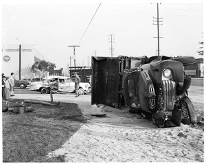 Truck versus auto accident at Slauson and Eastern Avenue, 1955
