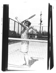 Woman playing tennis, Petaluma, California, about 1929
