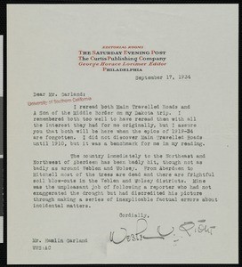 Wesley W. Stout, letter, 1934-09-17, to Hamlin Garland