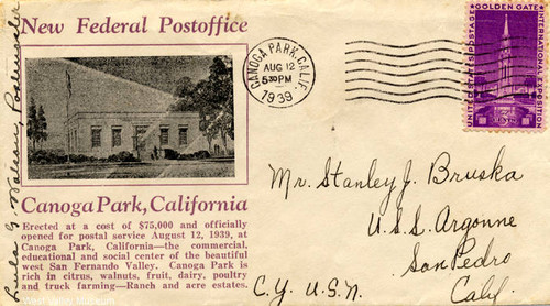 50th anniversary envelope of the new Federal Postoffice in Canoga Park, postmarked 1939