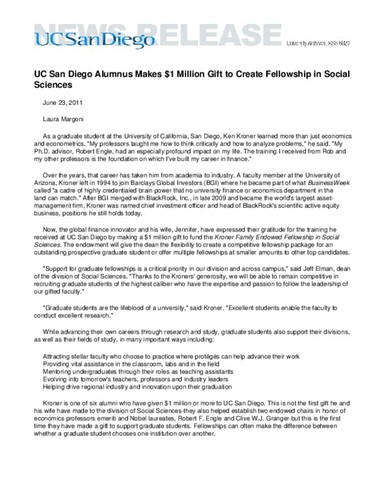 UC San Diego Alumnus Makes $1 Million Gift to Create Fellowship in Social Sciences