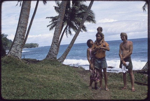 Kairiru: anthropologists Bambi Schieffelin, Edward Schieffelin, and Michael French Smith, Zachary Schieffelin on Edward's shoulders