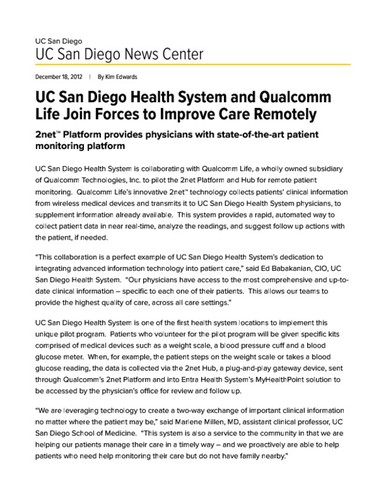 UC San Diego Health System and Qualcomm Life Join Forces to Improve Care Remotely