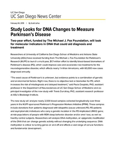 Study Looks for DNA Changes to Measure Parkinson’s Disease