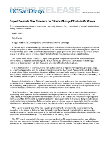 Report Presents New Research on Climate Change Effects in California--Scripps researchers contribute to assessment concluding that loss of agricultural land, increased risk of wildfires among potential outcomes