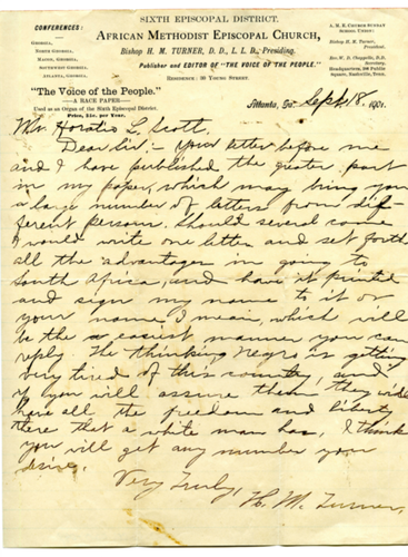 Letter from Henry McNeal Turner to Horatio L. Scott