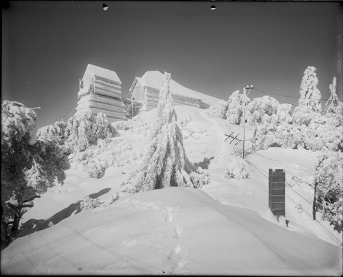 Snow telescope building, after a heavy snowfall, Mount Wilson Observatory