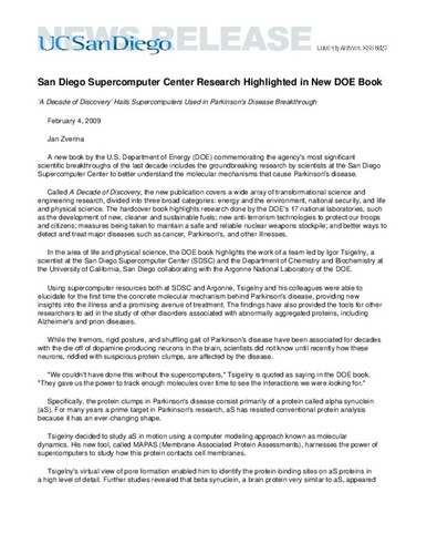 San Diego Supercomputer Center Research Highlighted in New DOE Book--‘A Decade of Discovery’ Hails Supercomputers Used in Parkinson’s Disease Breakthrough