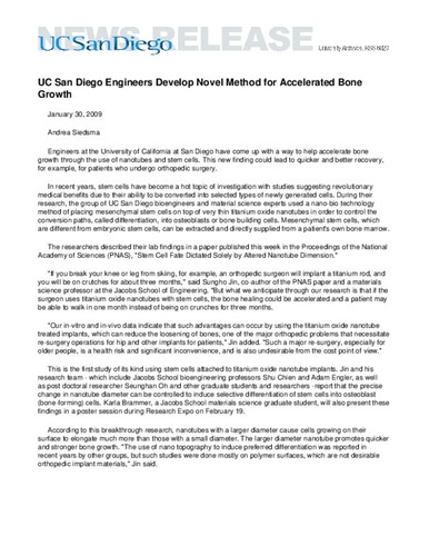 UC San Diego Engineers Develop Novel Method for Accelerated Bone Growth