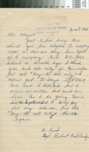 Letter to Mayor Archbald from Sgt. R. Vaughn