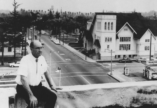 Rex Parks overlooks Chapman Avenue and First Christian Church, Orange, California, 1950