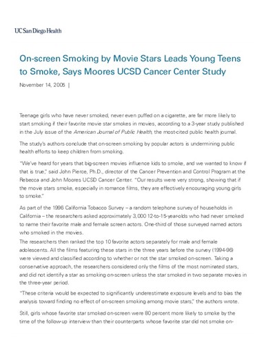On-screen Smoking by Movie Stars Leads Young Teens to Smoke, Says Moores UCSD Cancer Center Study