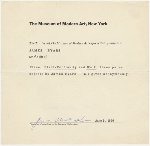 Letter to James Lee Byars from The Museum of Modern Art, New York