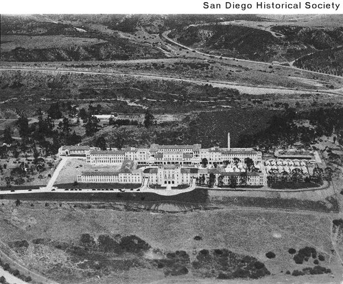 Aerial view of the Naval Hospital in Balboa Park looking east