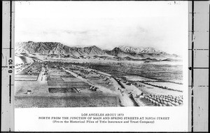Lithographic drawing showing a panoramic view of Los Angeles, taken from the junction of Main Street and Spring Street at 9th Street, ca.1873