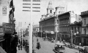 Main Street looking north-east from a point near Commercial Street, showing the Grand Central Hotel, Los Angeles, 1888