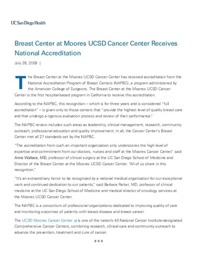 Breast Center at Moores UCSD Cancer Center Receives National Accreditation