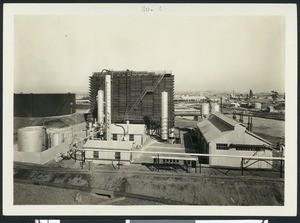View of the Richfield vapor recovery plant in Watson, showing arrangement of equipment, ca.1940