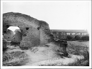 Ruins of a the workshop, looking south from the church, at Mission San Fernando, California, 1924