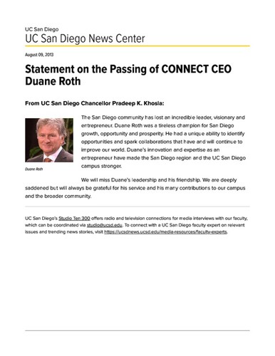 Statement on the Passing of CONNECT CEO Duane Roth