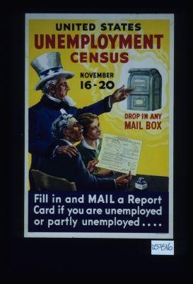 United States Unemployment Census, Novembe 16-20. ... Fill in and mail a report card if you are unemployed or partly employed