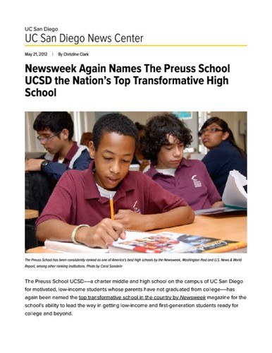 Newsweek Again Names The Preuss School UCSD the Nation’s Top Transformative High School
