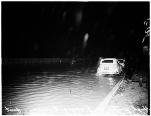 High water on Ramona Freeway (Freeway 10?), just West of Atlantic Boulevard, 1952
