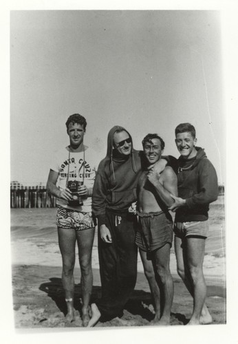 Alex Hokamp, E. J. Oshier, Claude "Duke" Horan, Lee Sparrow at Cowell Beach