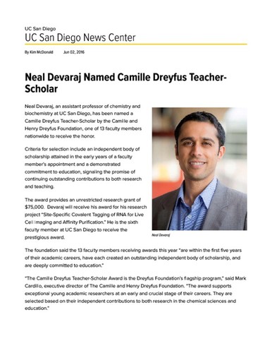 Neal Devaraj Named Camille Dreyfus Teacher-Scholar