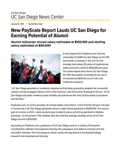 New PayScale Report Lauds UC San Diego for Earning Potential of Alumni