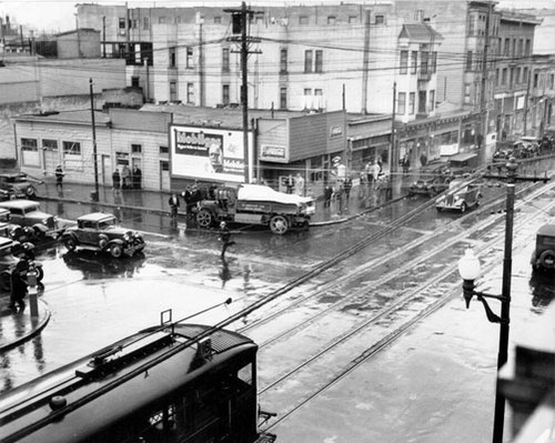 [Scene of automobile accident at Third and Harrison streets]