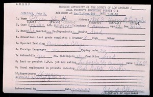 WPA household census employee document for John H. Colligan, Los Angeles