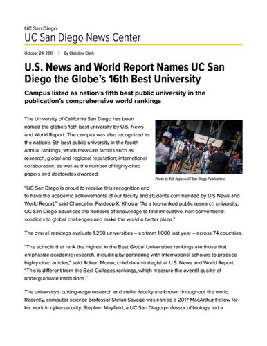 U.S. News and World Report Names UC San Diego the Globe’s 16th Best University