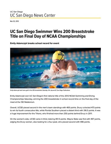 UC San Diego Swimmer Wins 200 Breaststroke Title on Final Day of NCAA Championships