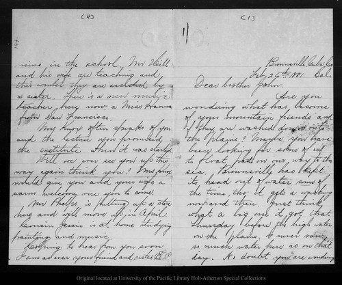 Letter from E[mily] O. P[elton] to John Muir, 1881 Feb 26