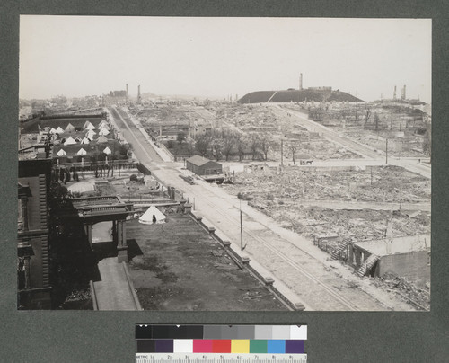 [Panorama from Nob Hill: view to the west-northwest along Sacramento Street; Flood mansion, left; military tents, beyond; reservoir at Clay and Jones in distance, right. Lafayette Park is in the far distance, left.]