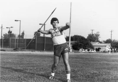 Javelin practice, Chapman College, Orange, California, 1980