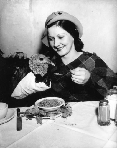 Woman feeding turkey