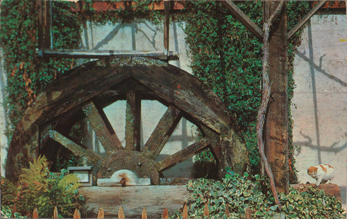 Postcard of replica of the original water wheel at the Thomas WInery