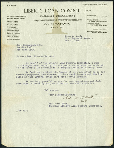 Oren Root letter to Schumann-Heink, 1918 May 07