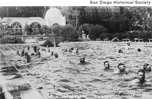 Sailors swimming in the Lily Pond in Balboa Park