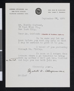 Elizabeth A. Alexander, letter, 1921-09-27, to Hamlin Garland