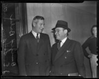 Dwight Baker at zoning bribery trial with his attorney J. Edwin Simpson, Los Angeles, 1938