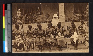 Missionary sister overseeing sewing girls, Congo, ca.1920-1940
